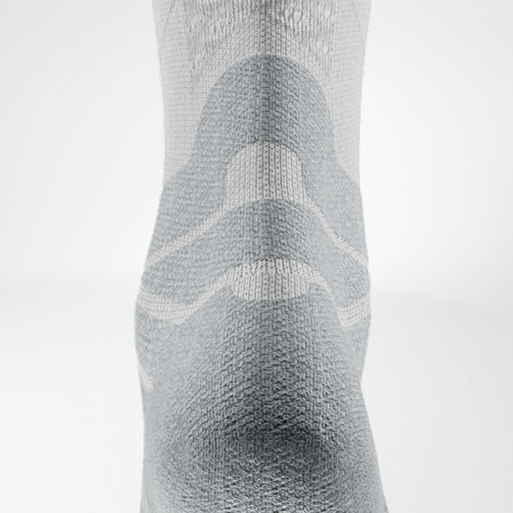 Close-up of the white Run Performance Midcut Sock, back view showing the structured knit pattern and reinforced Achilles area.