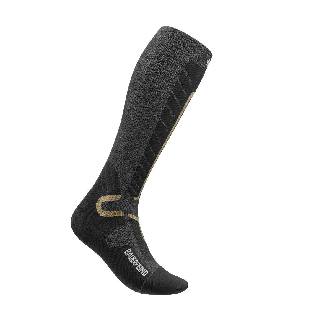 Grey ski socks against a white background