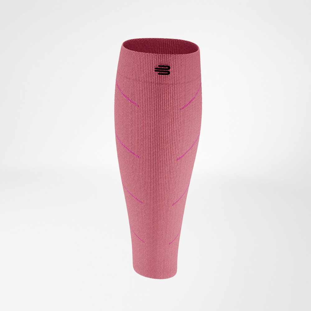 Red compression sleeve in front view, elastic textured material, black logo positioned above the calf.